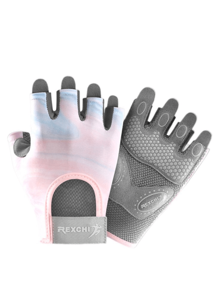 Stylish Elastic Women's Fingerless Gloves for Training, gray and pink color scheme, crafted with polyester, nylon, and gel silicone.